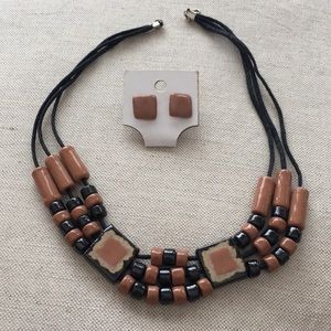 Tan and black ceramic bead necklace and earrings